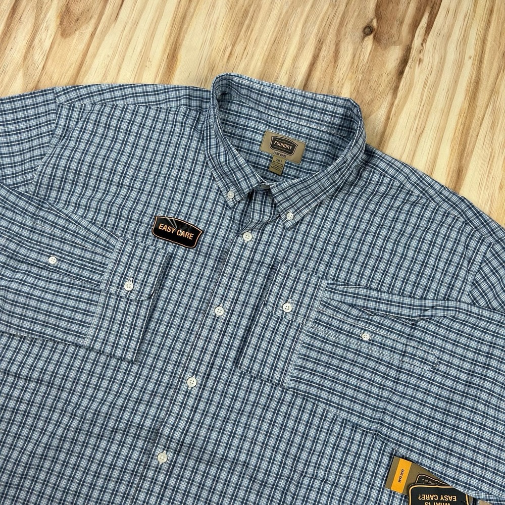 Foundry Easy Care Men's NEW Plaid Button Shirt Blue 2XLT Long Sleeve Cotton Blen